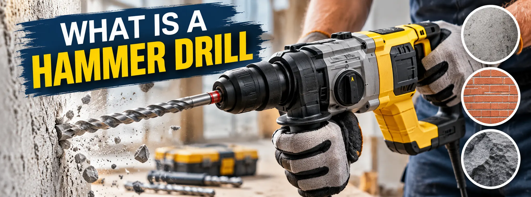 What is a hammer drill showing a cordless hammer drill with masonry bits and brick on a workshop bench.